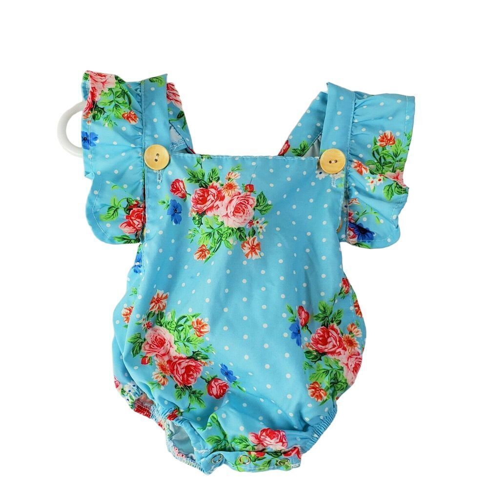 Baby Girl 0-3M Blue Polka Dot Floral One Piece Ruffle‎ Snap Bottom GUC